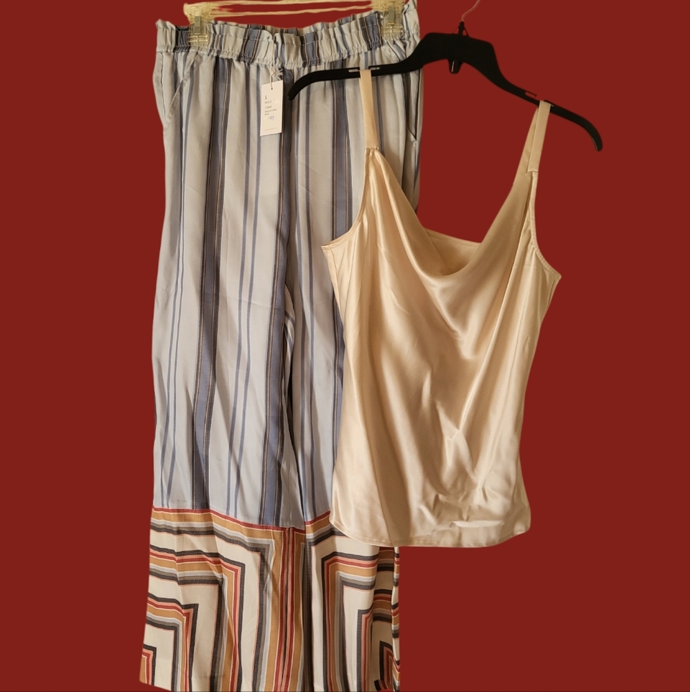 Ecru Wide Leg Pants with Blue and Striped Accents And Cream Cami Top Set